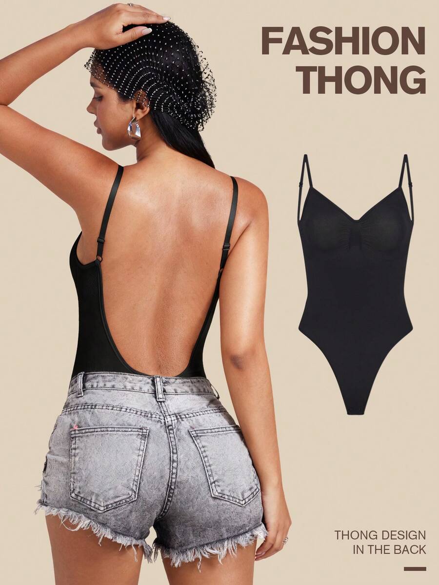 Women's seamless backless shaping bodysuit with thong bottom, high stretch knitted fabric, and built-in padding.