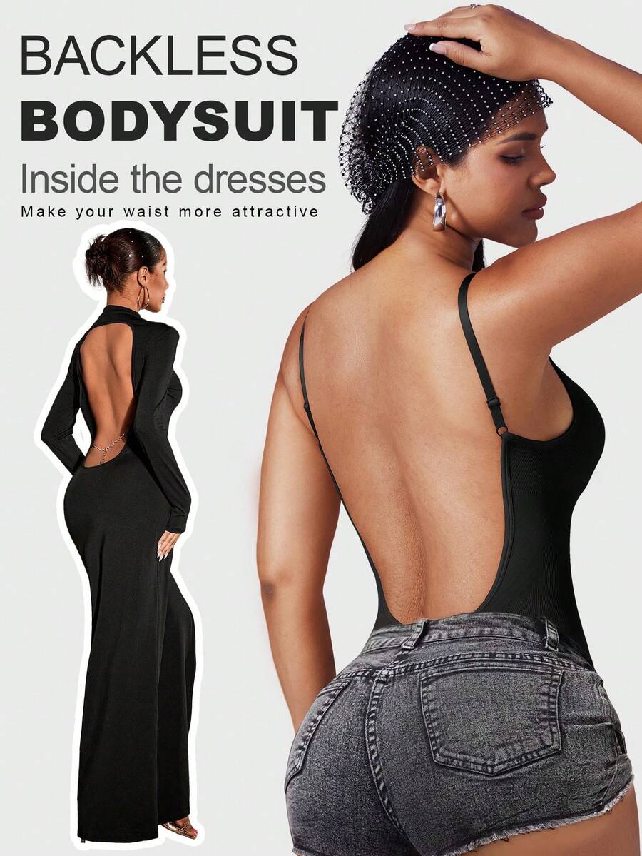 Women's seamless backless shaping bodysuit with thong bottom, high stretch knitted fabric, and built-in padding.
