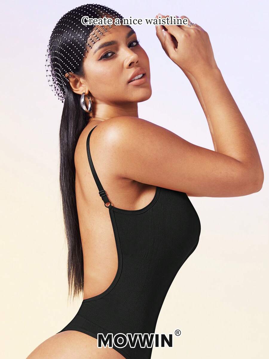 Women's seamless backless shaping bodysuit with thong bottom, high stretch knitted fabric, and built-in padding.