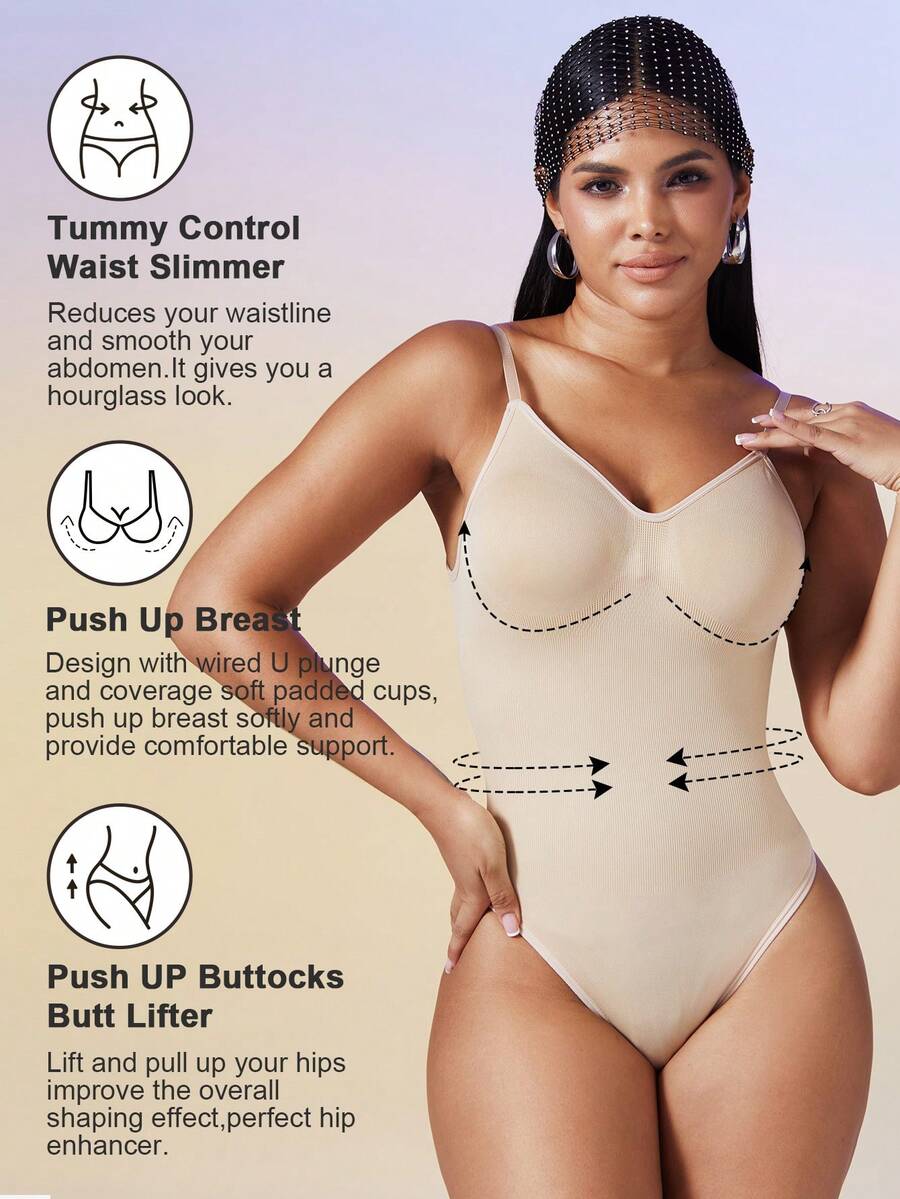 Women's seamless backless shaping bodysuit with thong bottom, high stretch knitted fabric, and built-in padding.