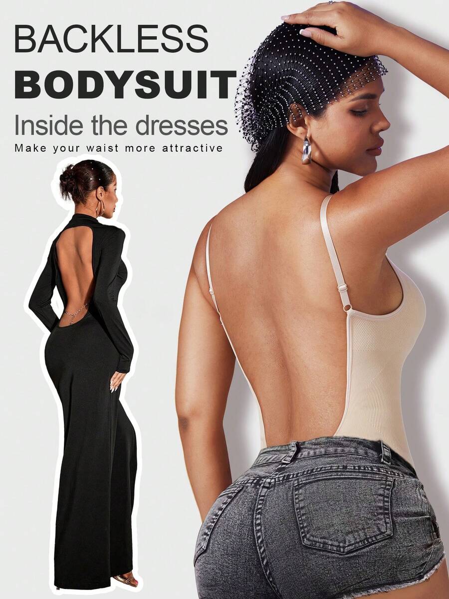 Women's seamless backless shaping bodysuit with thong bottom, high stretch knitted fabric, and built-in padding.