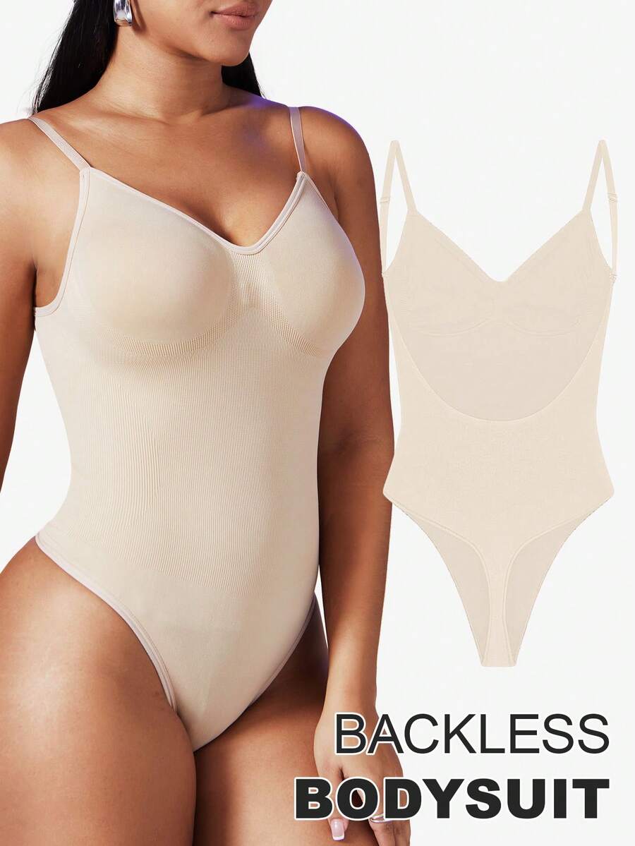Women's seamless backless shaping bodysuit with thong bottom, high stretch knitted fabric, and built-in padding.