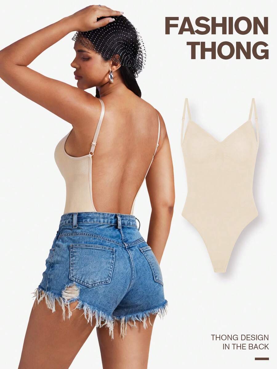 Women's seamless backless shaping bodysuit with thong bottom, high stretch knitted fabric, and built-in padding.