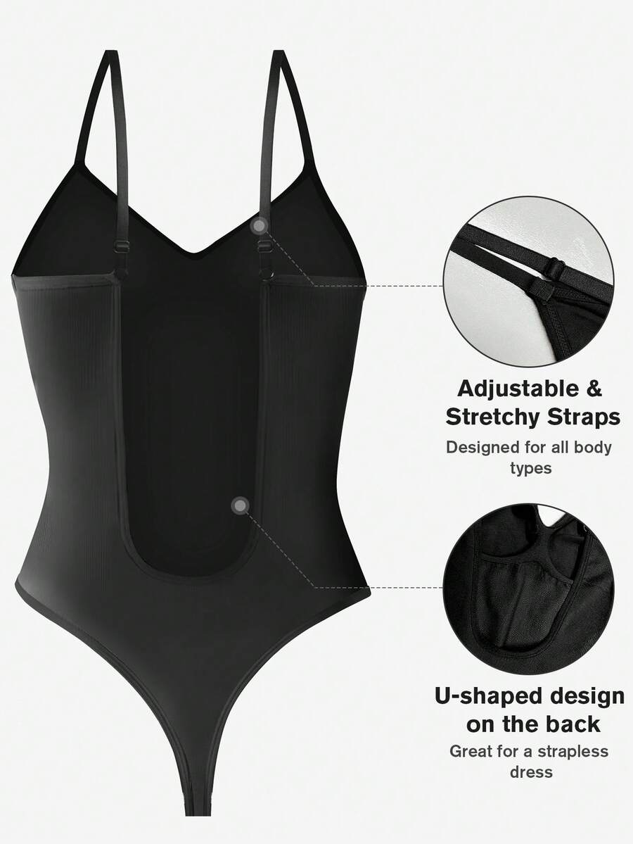 Women's seamless backless shaping bodysuit with thong bottom, high stretch knitted fabric, and built-in padding.