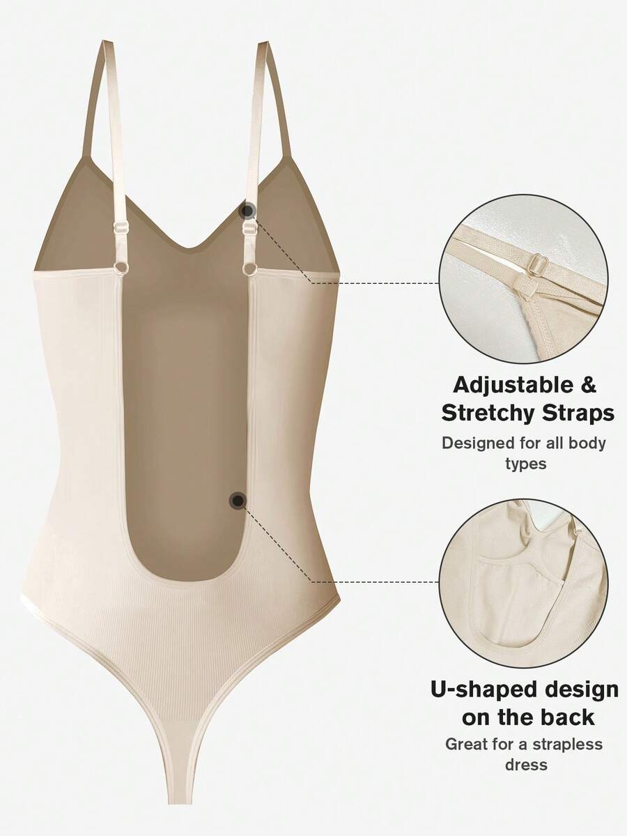 Women's seamless backless shaping bodysuit with thong bottom, high stretch knitted fabric, and built-in padding.