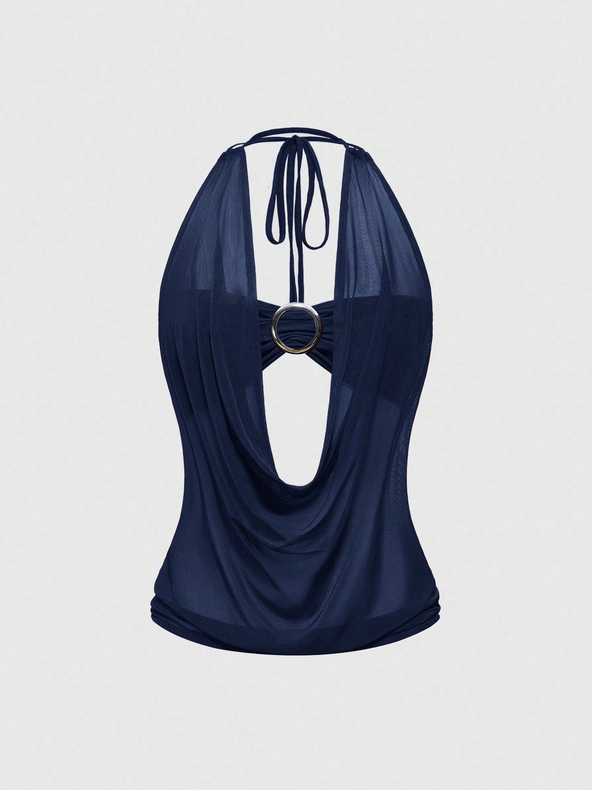 Women's cowl neck halter crop tank top featuring a draped backless design and matching bandeau inner layer.