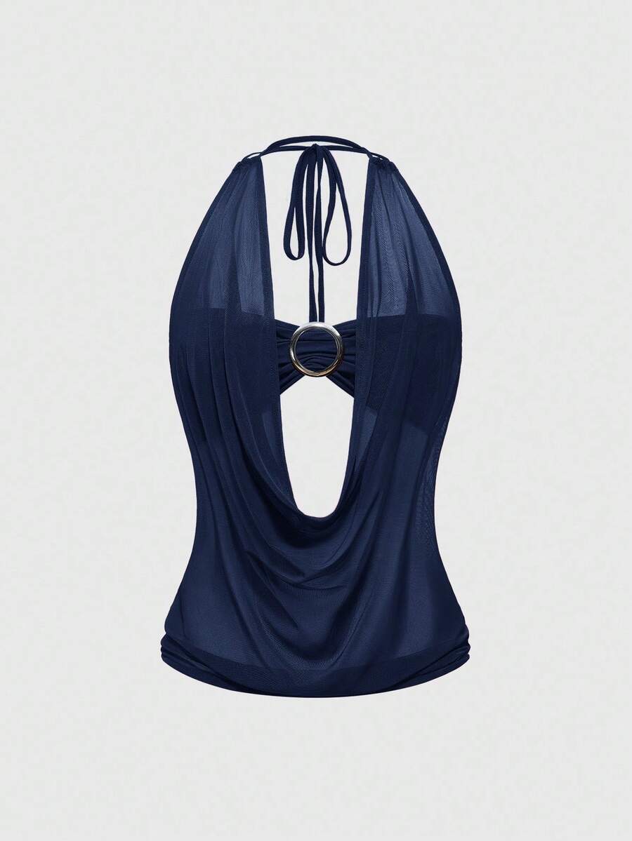 Women's cowl neck halter crop tank top featuring a draped backless design and matching bandeau inner layer.