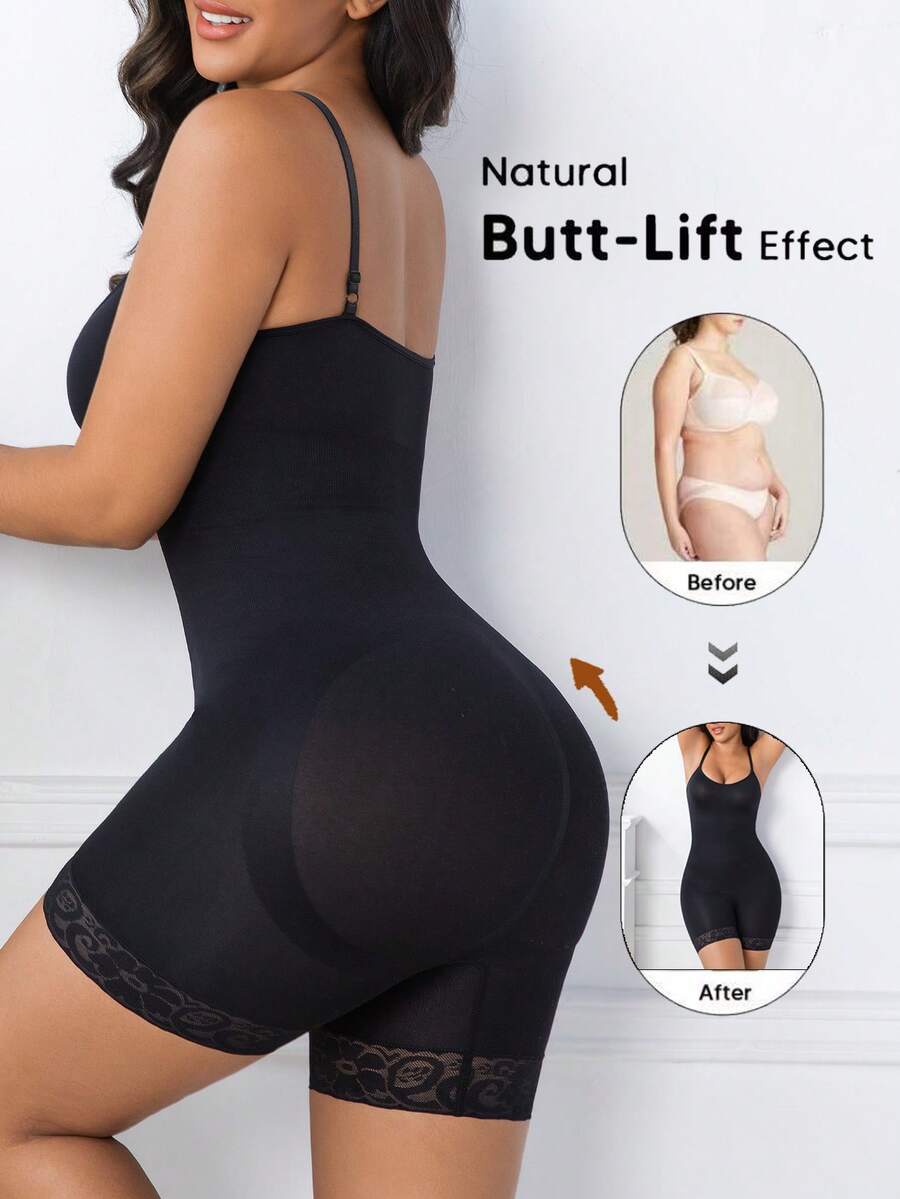 Women's black seamless lace shapewear jumpsuit with spaghetti straps featuring tummy control and full-length coverage.