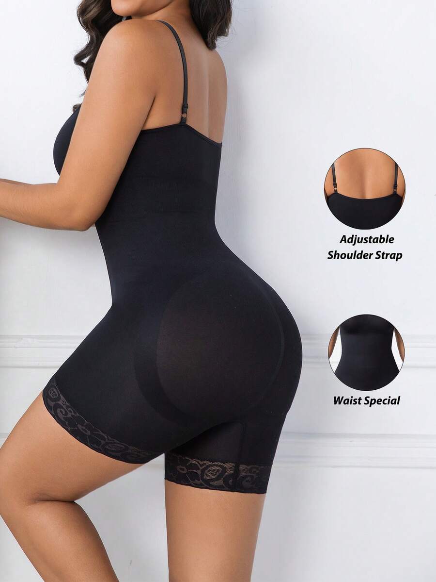 Women's black seamless lace shapewear jumpsuit with spaghetti straps featuring tummy control and full-length coverage.