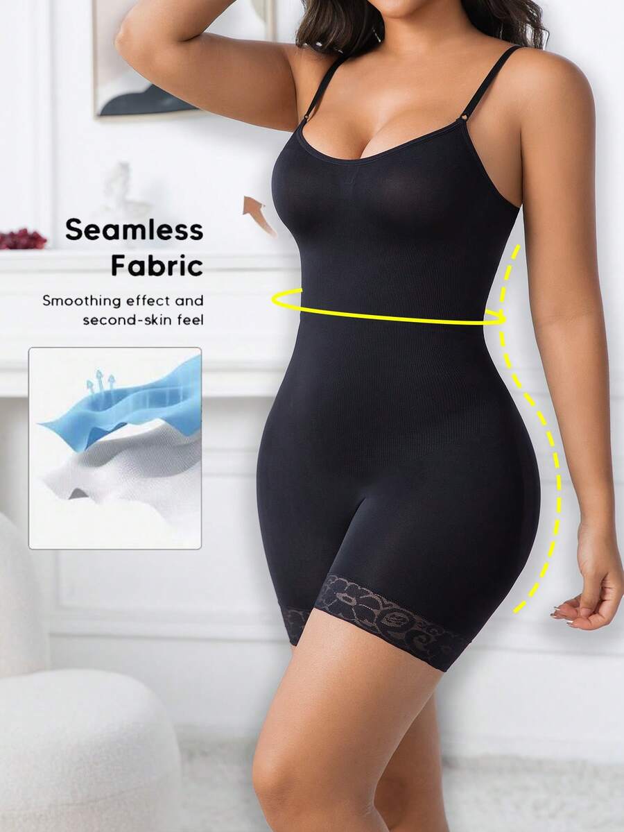 Women's black seamless lace shapewear jumpsuit with spaghetti straps featuring tummy control and full-length coverage.
