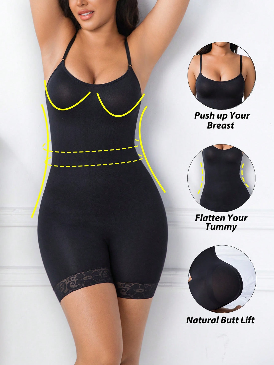 Women's black seamless lace shapewear jumpsuit with spaghetti straps featuring tummy control and full-length coverage.