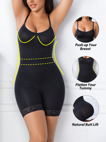 Women's black seamless lace shapewear jumpsuit with spaghetti straps featuring tummy control and full-length coverage.