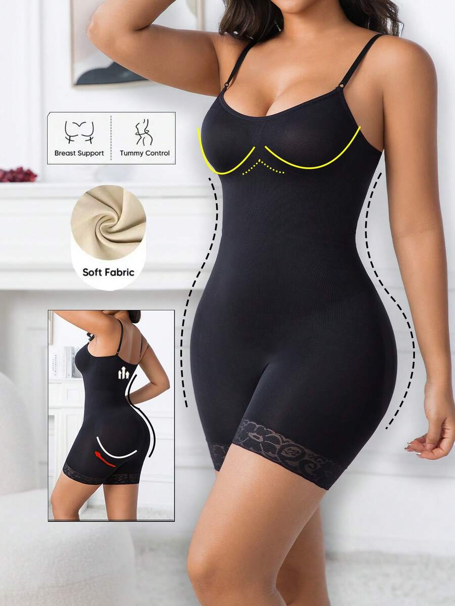 Women's black seamless lace shapewear jumpsuit with spaghetti straps featuring tummy control and full-length coverage.