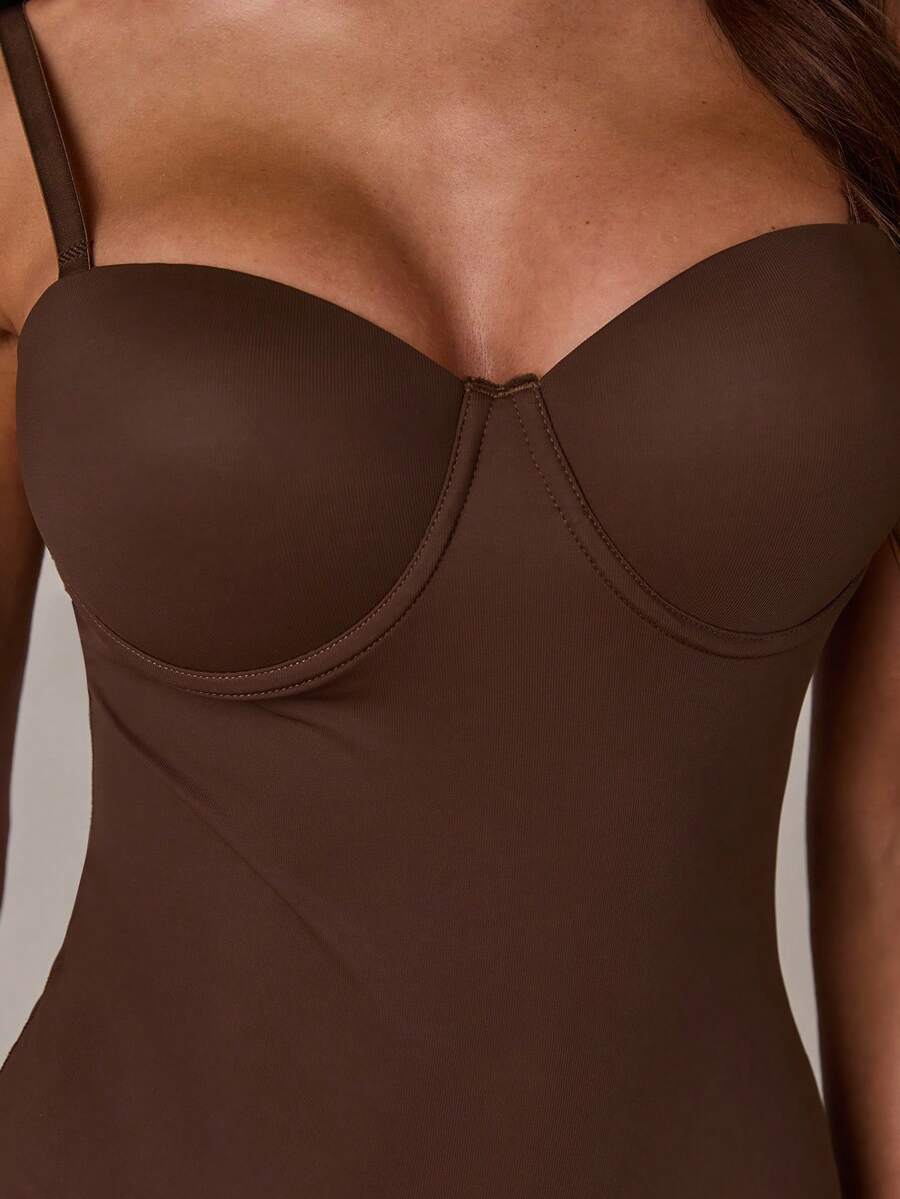 Apricot long shapewear bodysuit jumpsuit with cup detail featuring knitted stretch fabric for tummy and waist control