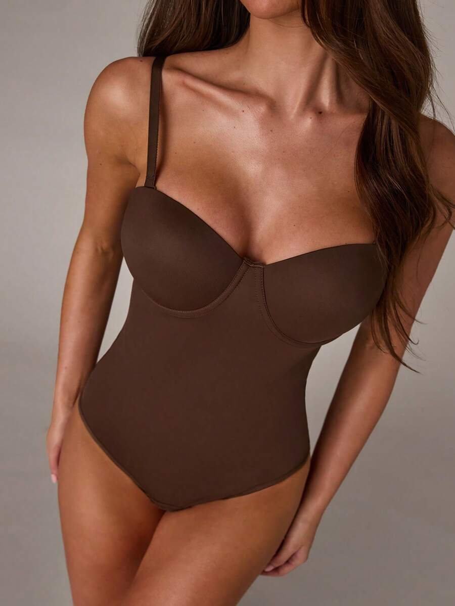 Apricot long shapewear bodysuit jumpsuit with cup detail featuring knitted stretch fabric for tummy and waist control