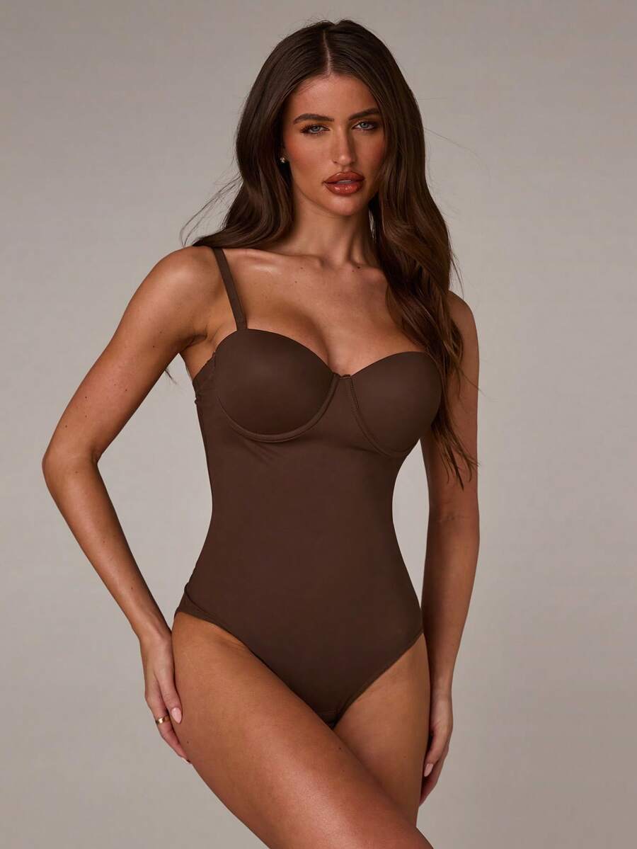 Apricot long shapewear bodysuit jumpsuit with cup detail featuring knitted stretch fabric for tummy and waist control