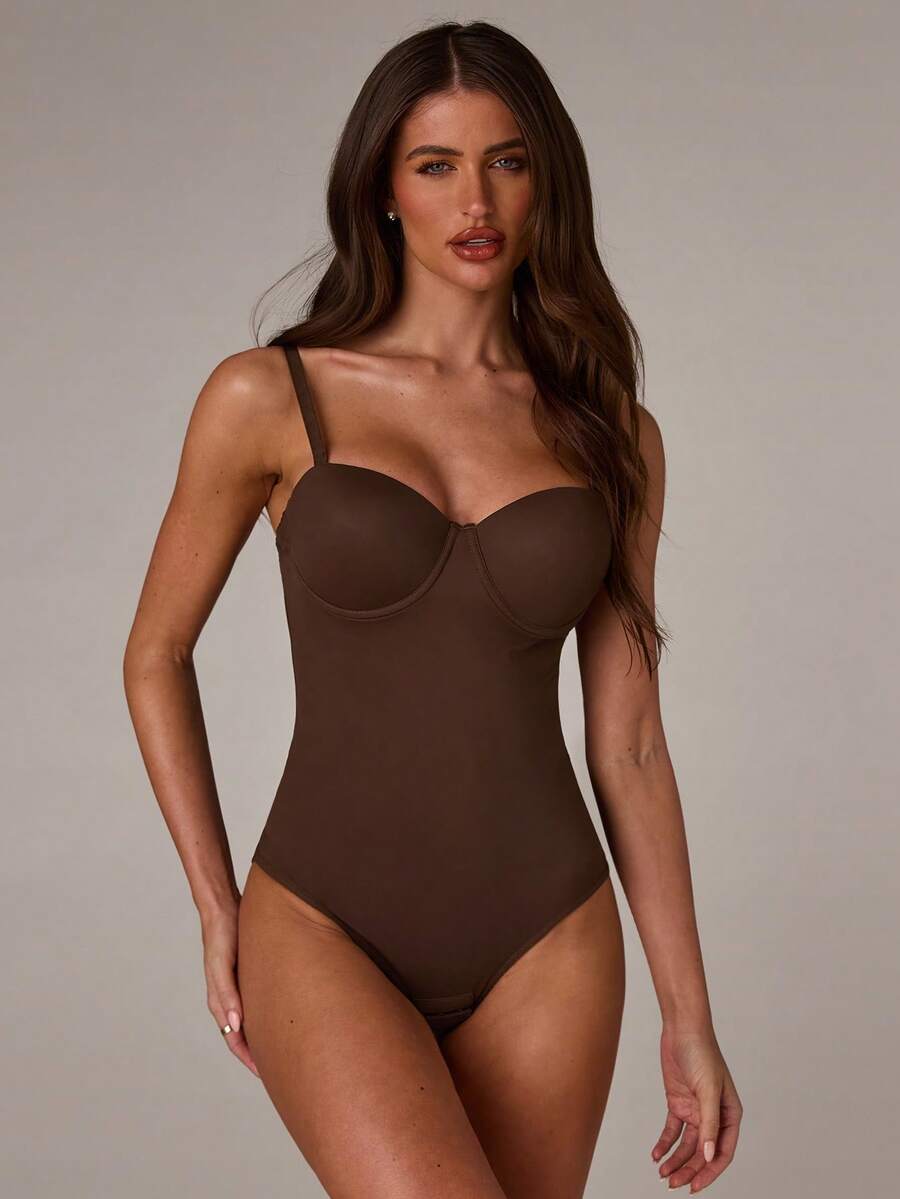 Apricot long shapewear bodysuit jumpsuit with cup detail featuring knitted stretch fabric for tummy and waist control