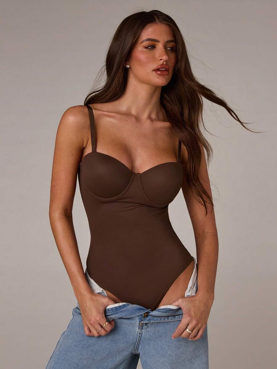 Apricot long shapewear bodysuit jumpsuit with cup detail featuring knitted stretch fabric for tummy and waist control