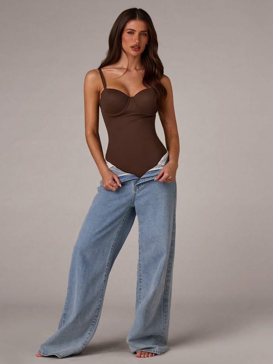 Apricot long shapewear bodysuit jumpsuit with cup detail featuring knitted stretch fabric for tummy and waist control