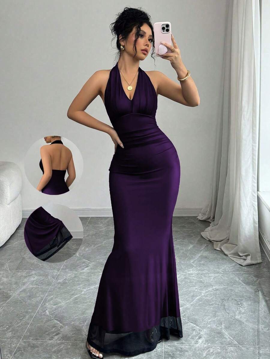 Women's long sleeve mermaid bodycon dress in high-stretch mesh fabric featuring a halter backless neckline, ruched high waist, and slim fit silhouette for formal evening wear.