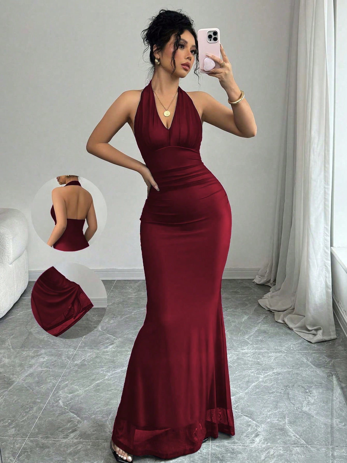 Women's long sleeve mermaid bodycon dress in high-stretch mesh fabric featuring a halter backless neckline, ruched high waist, and slim fit silhouette for formal evening wear.
