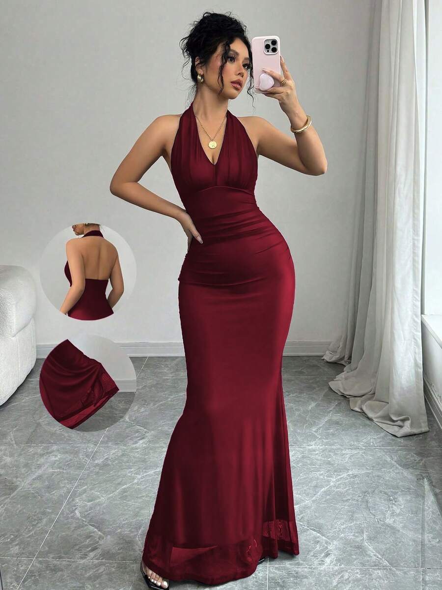 Women's long sleeve mermaid bodycon dress in high-stretch mesh fabric featuring a halter backless neckline, ruched high waist, and slim fit silhouette for formal evening wear.