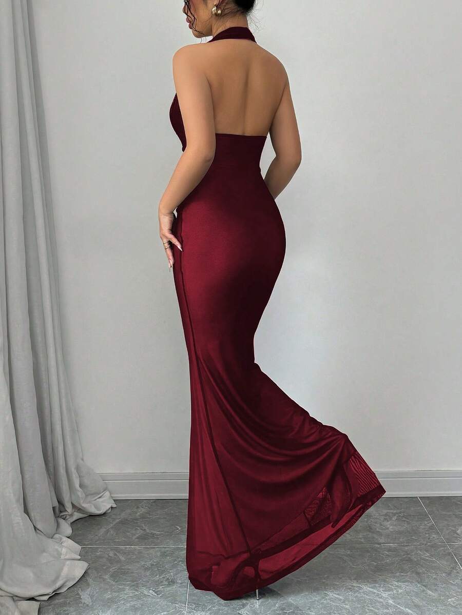 Women's long sleeve mermaid bodycon dress in high-stretch mesh fabric featuring a halter backless neckline, ruched high waist, and slim fit silhouette for formal evening wear.