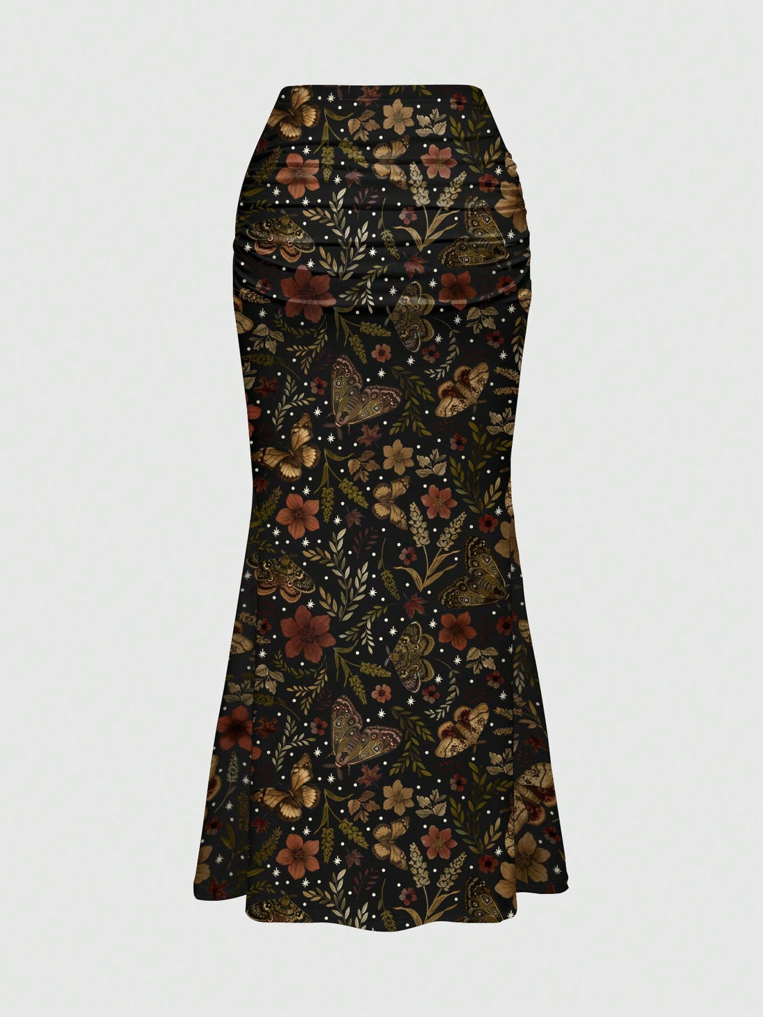 Black low waist ruched bodycon maxi skirt with sun and moon full print pattern on high stretch knitted fabric.