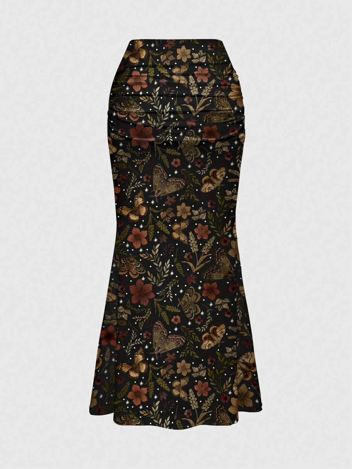 Black low waist ruched bodycon maxi skirt with sun and moon full print pattern on high stretch knitted fabric.