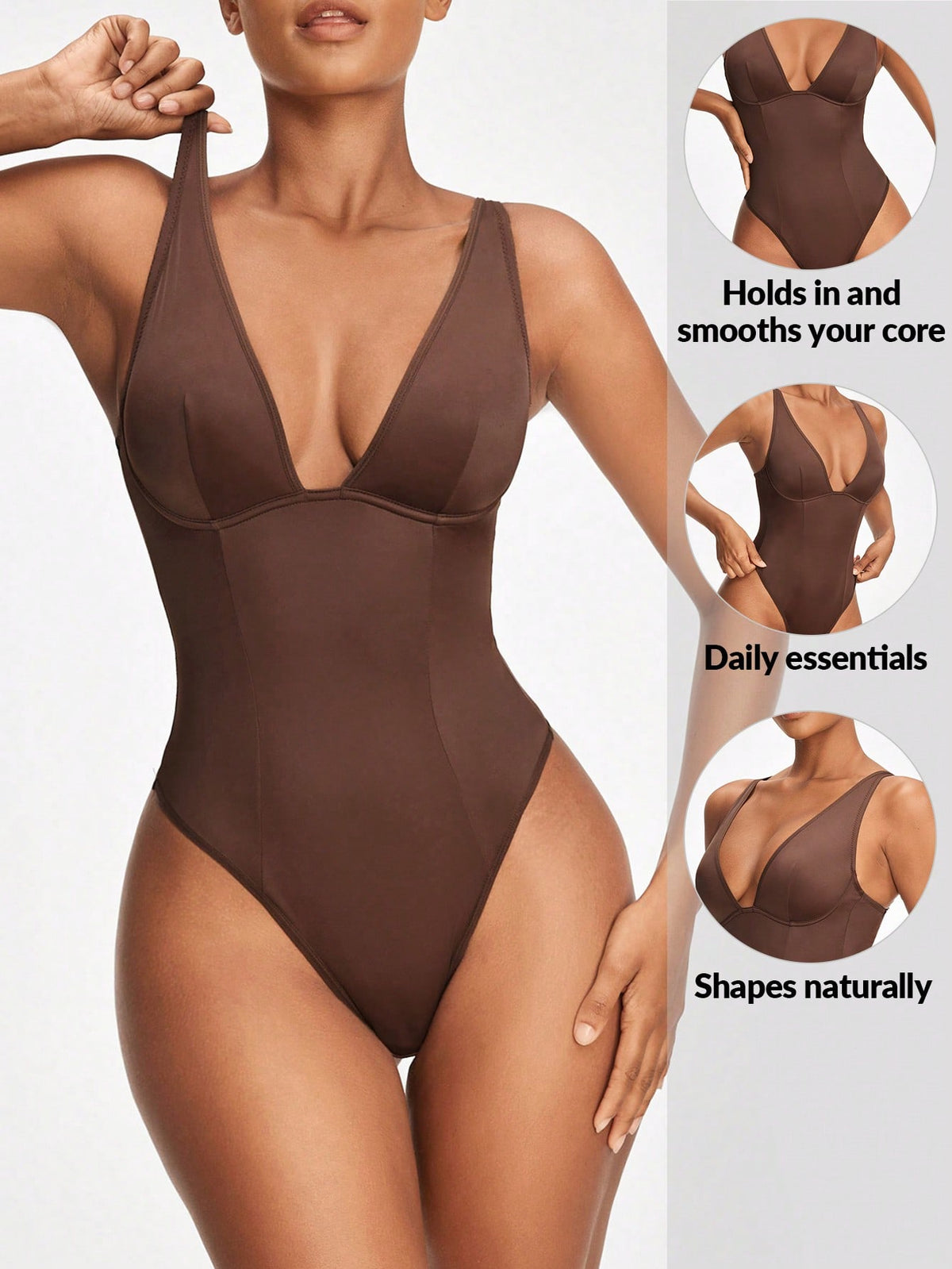 Apricot backless shapewear bodysuit with thong cut, cup details, and high-stretch fabric for light tummy support.