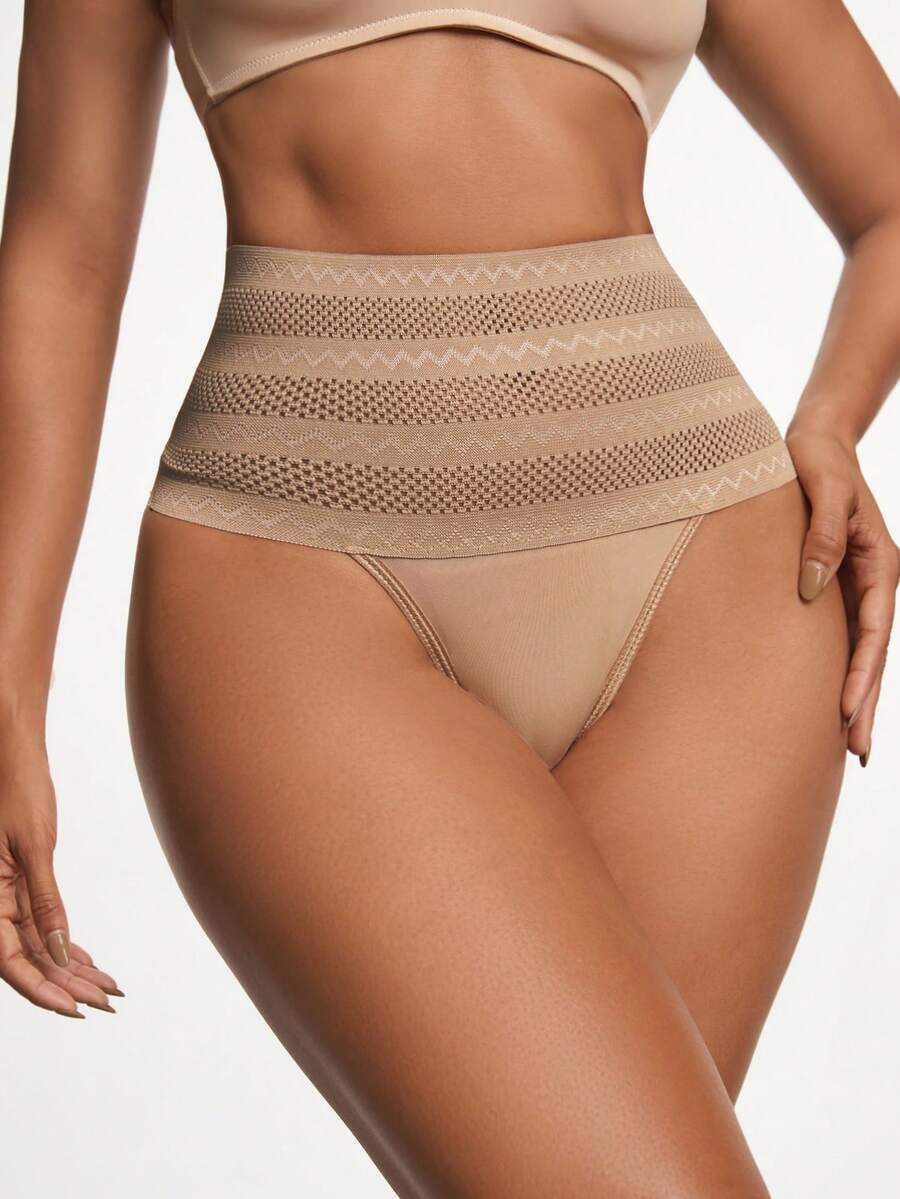 Women's apricot super high waist body shaping briefs featuring ultra light waist support and geometric pattern.