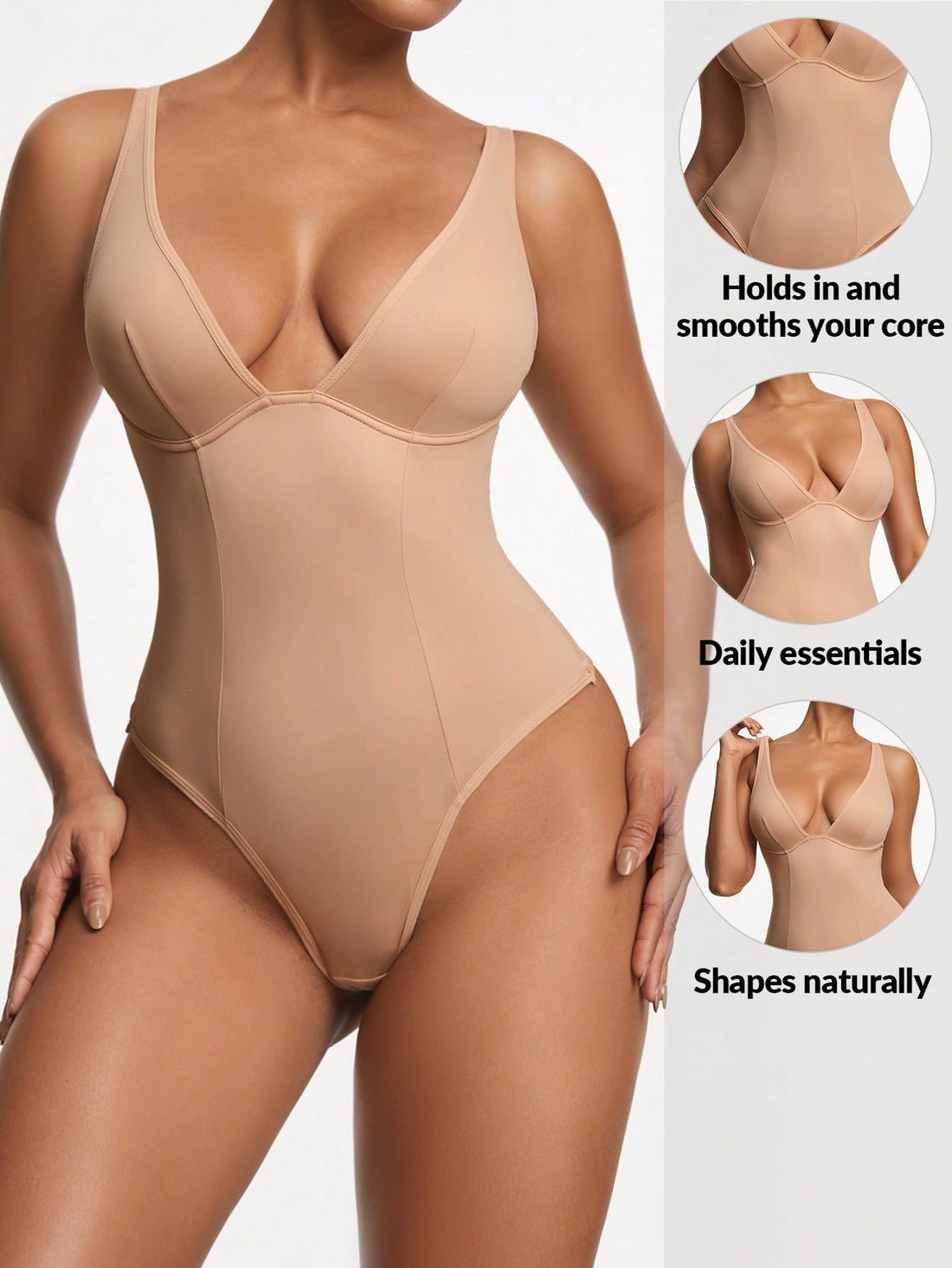 Apricot backless shapewear bodysuit with thong cut, cup details, and high-stretch fabric for light tummy support.