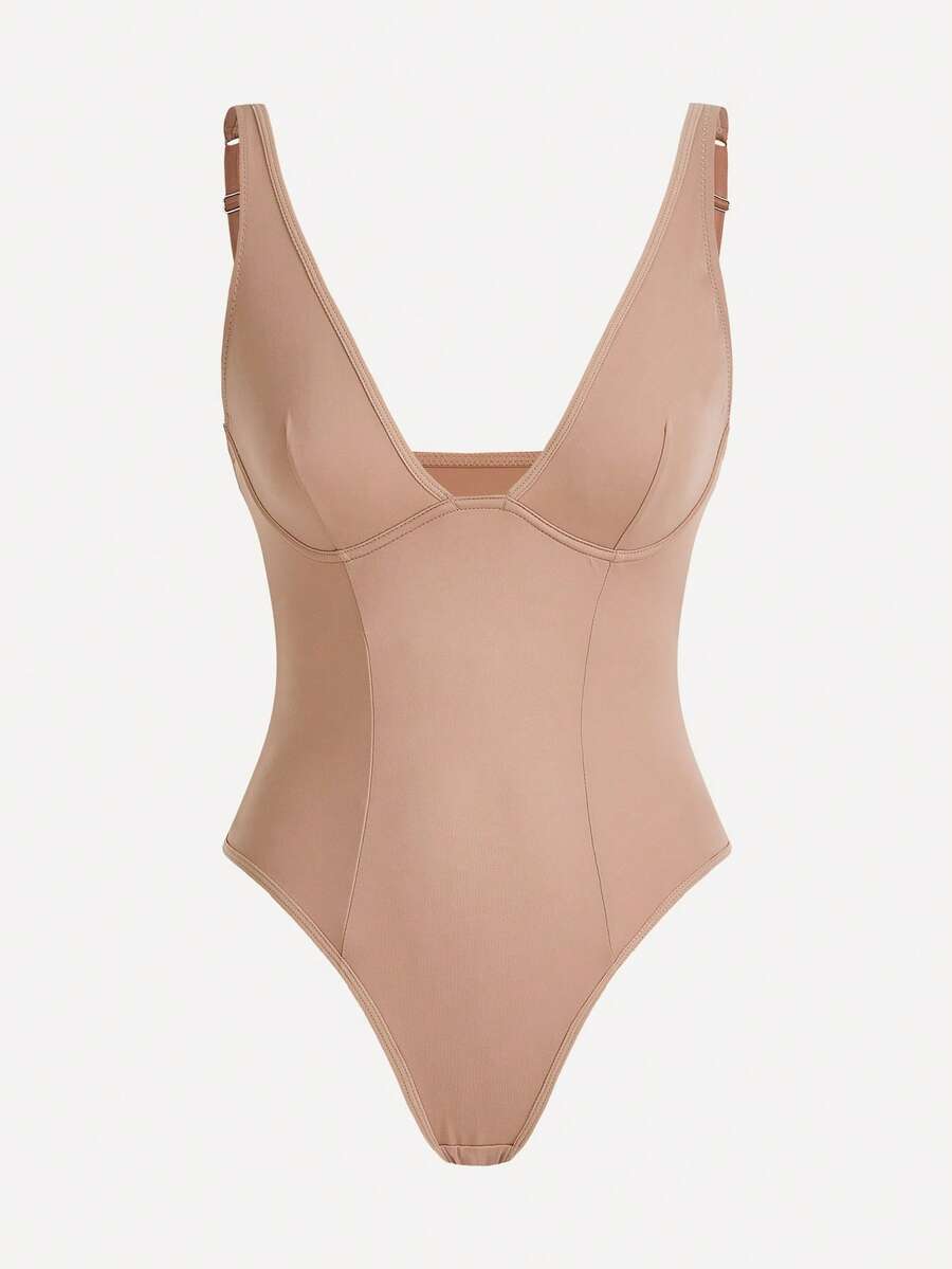 Apricot backless shapewear bodysuit with thong cut, cup details, and high-stretch fabric for light tummy support.