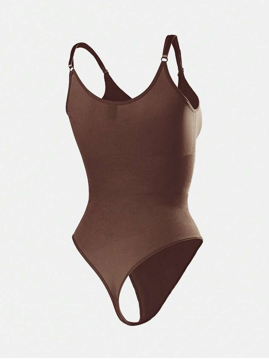 Brown seamless shapewear bodysuit featuring backless design, thong bottom, non-removable padding, and high-stretch fabric for tummy and waist control.