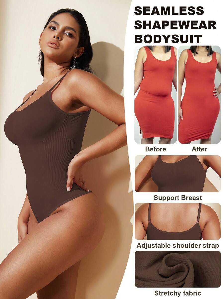 Brown seamless shapewear bodysuit featuring backless design, thong bottom, non-removable padding, and high-stretch fabric for tummy and waist control.