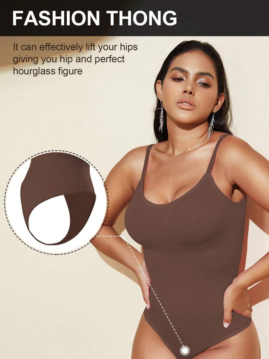 Brown seamless shapewear bodysuit featuring backless design, thong bottom, non-removable padding, and high-stretch fabric for tummy and waist control.