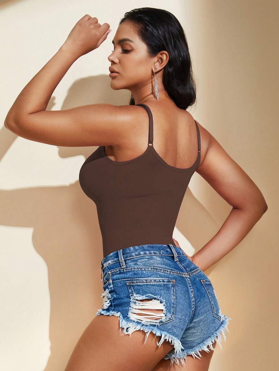 Brown seamless shapewear bodysuit featuring backless design, thong bottom, non-removable padding, and high-stretch fabric for tummy and waist control.