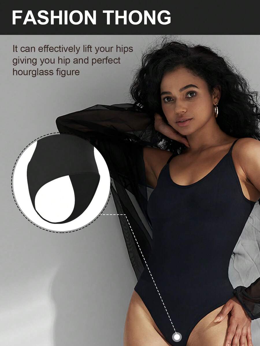 Brown seamless shapewear bodysuit featuring backless design, thong bottom, non-removable padding, and high-stretch fabric for tummy and waist control.