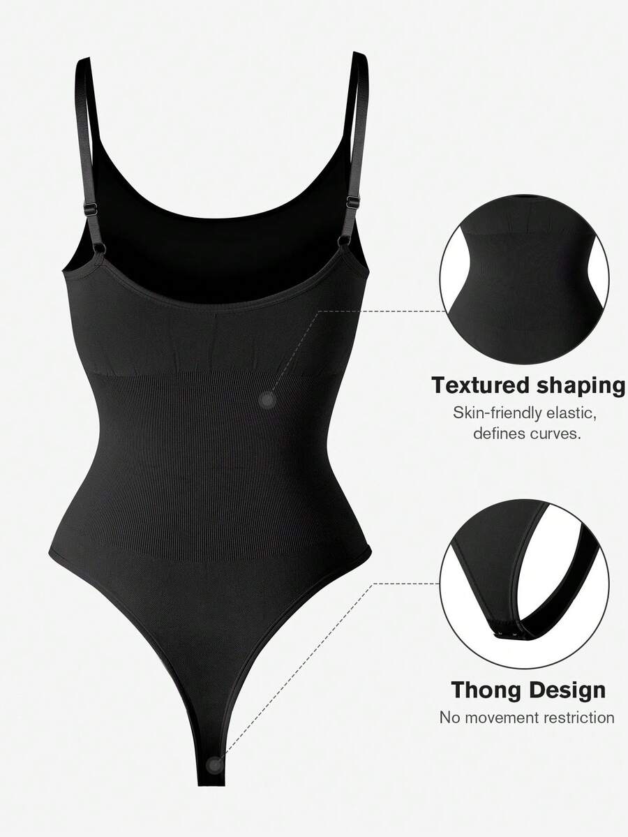 Brown seamless shapewear bodysuit featuring backless design, thong bottom, non-removable padding, and high-stretch fabric for tummy and waist control.