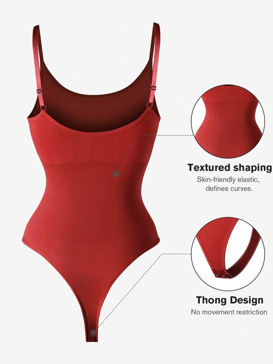 Brown seamless shapewear bodysuit featuring backless design, thong bottom, non-removable padding, and high-stretch fabric for tummy and waist control.