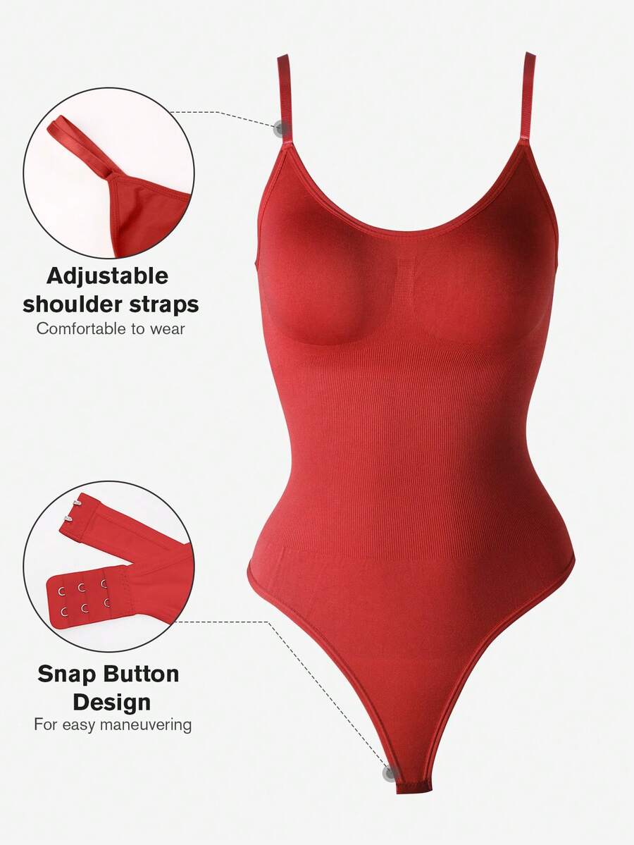 Brown seamless shapewear bodysuit featuring backless design, thong bottom, non-removable padding, and high-stretch fabric for tummy and waist control.
