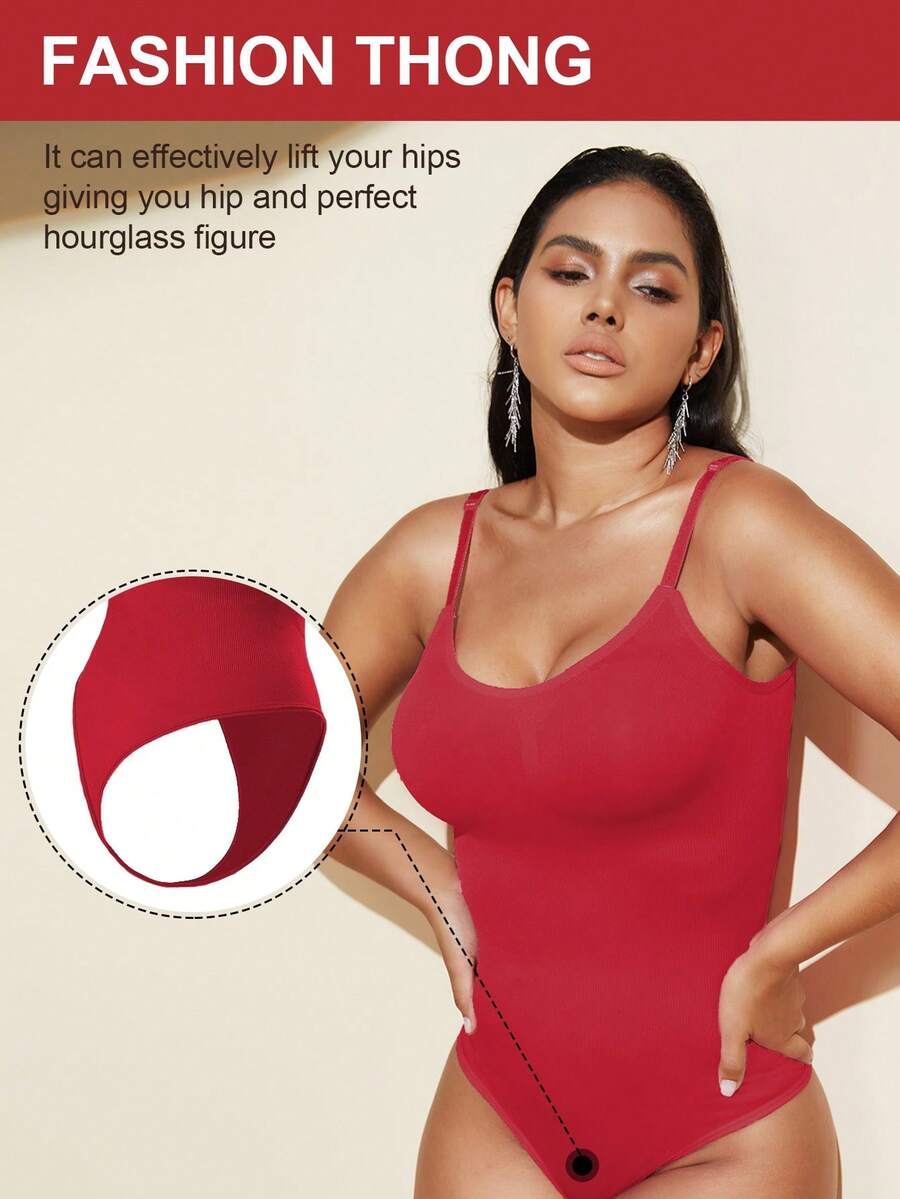 Brown seamless shapewear bodysuit featuring backless design, thong bottom, non-removable padding, and high-stretch fabric for tummy and waist control.