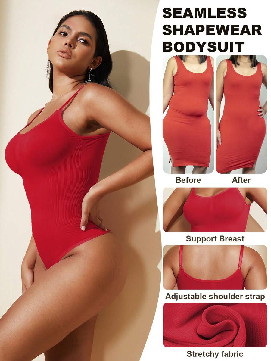 Brown seamless shapewear bodysuit featuring backless design, thong bottom, non-removable padding, and high-stretch fabric for tummy and waist control.