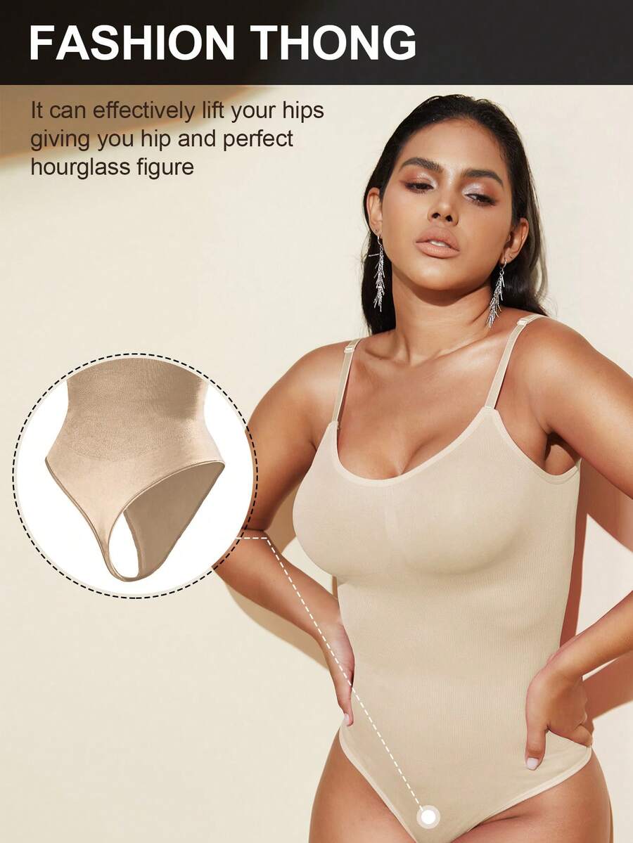 Brown seamless shapewear bodysuit featuring backless design, thong bottom, non-removable padding, and high-stretch fabric for tummy and waist control.