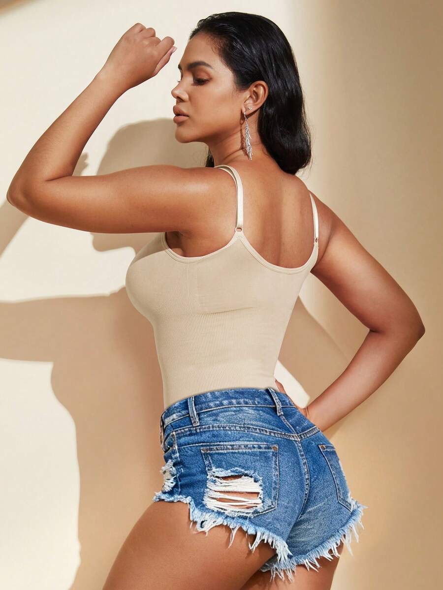 Brown seamless shapewear bodysuit featuring backless design, thong bottom, non-removable padding, and high-stretch fabric for tummy and waist control.