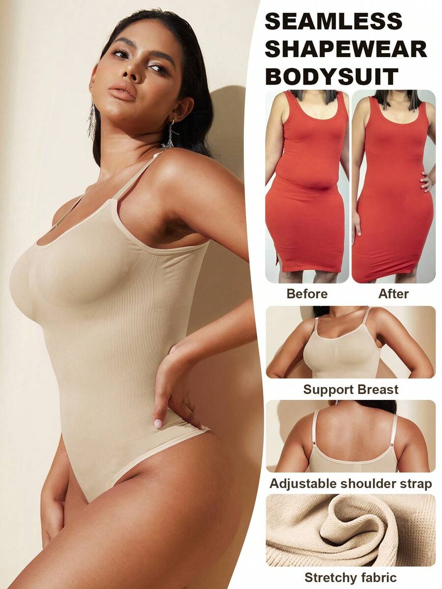 Brown seamless shapewear bodysuit featuring backless design, thong bottom, non-removable padding, and high-stretch fabric for tummy and waist control.