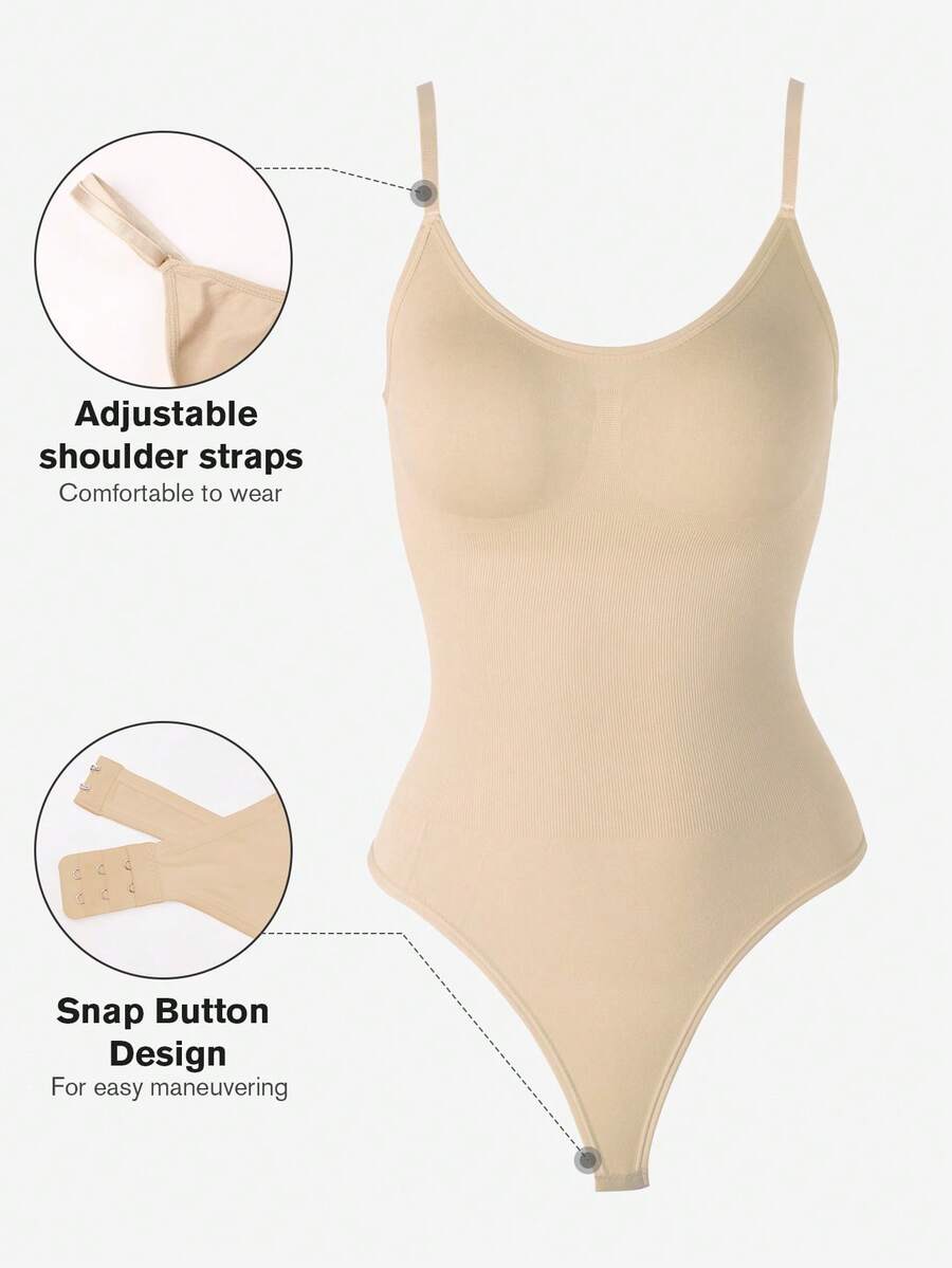 Brown seamless shapewear bodysuit featuring backless design, thong bottom, non-removable padding, and high-stretch fabric for tummy and waist control.