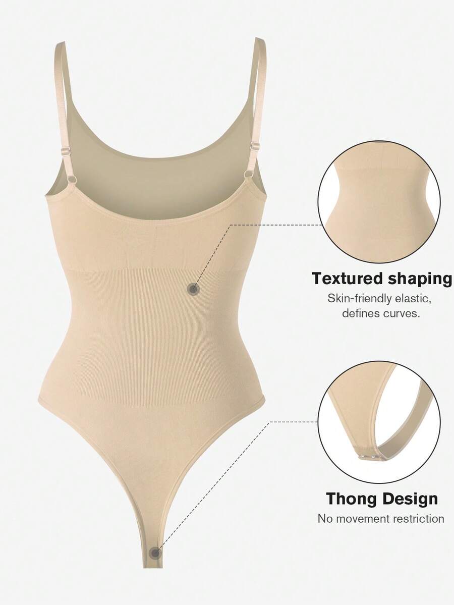 Brown seamless shapewear bodysuit featuring backless design, thong bottom, non-removable padding, and high-stretch fabric for tummy and waist control.