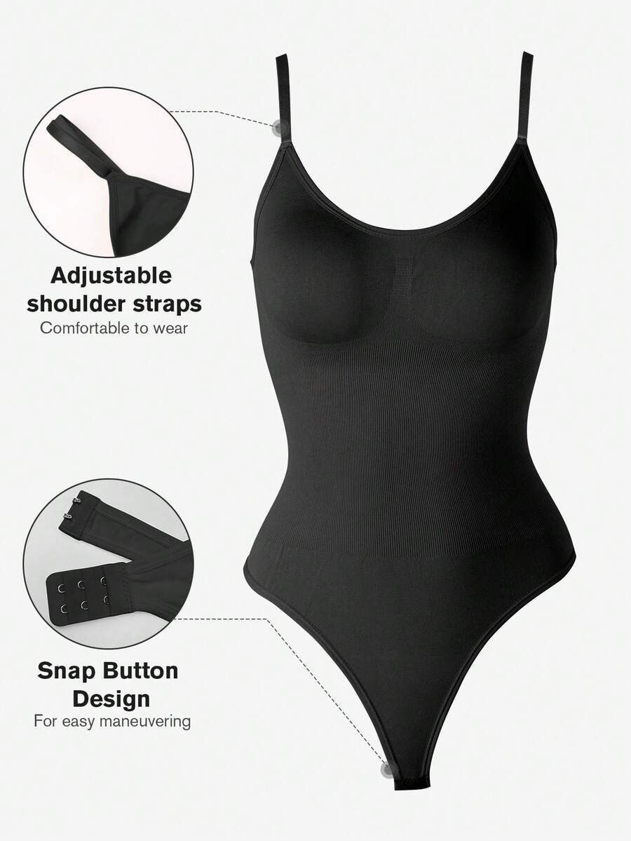 Brown seamless shapewear bodysuit featuring backless design, thong bottom, non-removable padding, and high-stretch fabric for tummy and waist control.