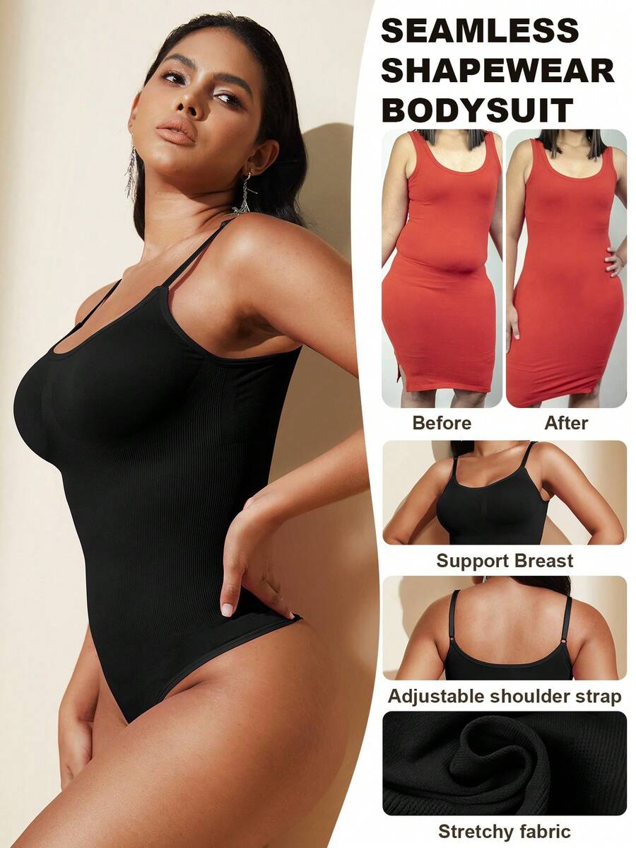 Brown seamless shapewear bodysuit featuring backless design, thong bottom, non-removable padding, and high-stretch fabric for tummy and waist control.